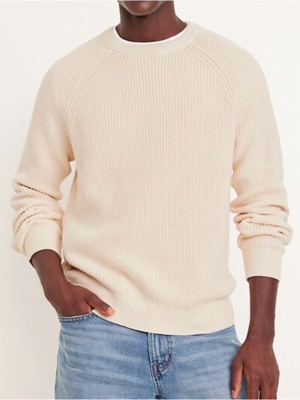 Old Navy Ivory Cream Cotton Knit Crewneck Shaker-Stitch Sweater